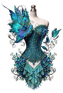طرح مفهومی پیراهن مجلسی با پرهای طاووسی فیروزه‌ای مناسب برای تابلوی دکوراتیو مزون، اتاق لباس و چاپ روی بگ‌های خرید لوکس