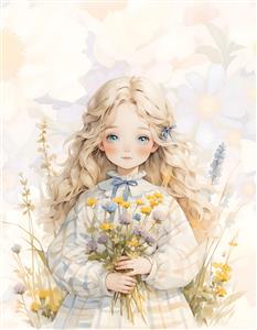 تصویر فانتزی دختر بچه با دسته‌گل وحشی به سبک آبرنگی مناسب برای پوستر دیواری اتاق کودک، مهدکودک و چاپ روی کتاب داستان