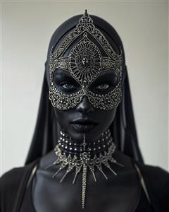 تصویر مفهومی زن با نقاب و جواهرات نقره‌ای و مشکی خیره‌کننده برای پوستر دیواری مدرن اتاق کار، مزون و چاپ روی قاب موبایل