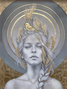 طرح هنری صورت بانو با خوشه‌های گندم و پرنده کوچک مناسب برای دکوراسیون اتاق خواب، کلینیک‌های زیبایی و چاپ روی ظروف تزیینی و ماگ