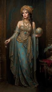 تصویر هنری بانو با لباس کلاسیک فیروزه‌ای و جواهرات سنتی ایده‌آل برای دکوراسیون تالار، لابی هتل و چاپ روی پرده‌های تصویری مجلل