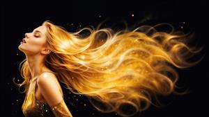 پوستر دیواری زن زیبا با موهای افشان طلایی و درخشان مناسب برای سالن‌های زیبایی و اتاق خواب با قابلیت چاپ روی تابلوی بوم و پوستر سه بعدی