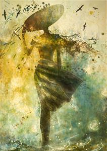 پوستر دیواری انتزاعی فیگور زن در طبیعت با تکنیک آبرنگ و رنگ‌های سبز و زرد برای ویلا و هتل