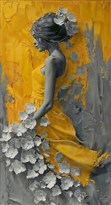 پوستر دیواری هنری برجسته طرح زن و گل‌های سفید با زمینه زرد و خاکستری مناسب برای اتاق نشیمن