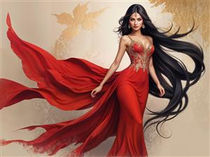 طرح گرافیکی زن با لباس قرمز بلند در حال حرکت برای پوستر دیواری سالن‌های مد و فروشگاه‌های پوشاک