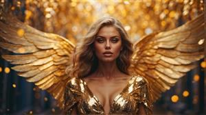 طرح فرشته بالدار طلایی با چهره خیره‌کننده برای چاپ روی پرده، روتختی و پوستر دیواری اتاق خواب مستر