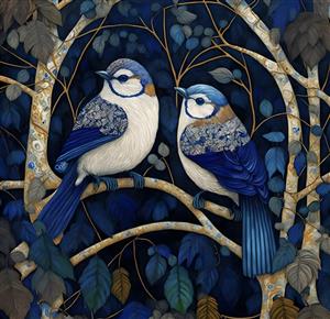 پوستر دیواری نقاشی پرندگان آبی روی شاخه درخت در شب مناسب برای اتاق خواب و فضاهای آرامش‌بخش