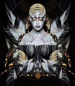 طرح انتزاعی متقارن زن با گریم سیاه و سفید و المان‌های طلایی مناسب برای پوستر دیواری سالن پذیرایی مدرن