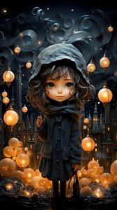 پوستر دیواری اتاق کودک با طرح فانتزی دختر کوچولو در شهر رویایی و فانوس‌های نورانی ویژه کاغذ دیواری سه بعدی