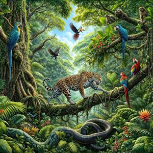 پوستر دیواری سه بعدی طرح جنگل آمازون با حیوانات وحشی مانند پلنگ، مار و طوطی مکائو مناسب برای دکوراسیون اتاق کودک و مهدکودک