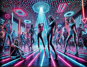 تصویر گرافیکی مهمانی مدرن با نورپردازی نئون و لیزر ویژه چاپ پوستر دیواری تالار پذیرایی، باشگاه و کافی‌شاپ