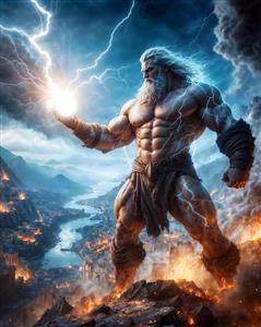 تصویر حماسی زئوس خدای رعد و برق بر فراز شهر باستانی برای چاپ پوستر دیواری سه بعدی در باشگاه‌های ورزشی و گیم‌نت
