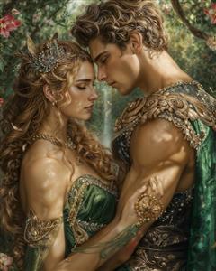 طرح رمانتیک زوج اساطیری در طبیعت سرسبز ویژه چاپ تابلو دکوراتیو، پوستر دیواری و روتختی دونفره