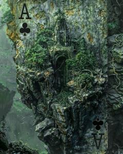 طرح کارت تک گشنیز با معماری صخره‌ای و پوشش گیاهی معلق مناسب برای پوستر دیواری سه بعدی و فضاهای فانتزی