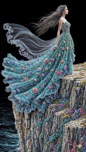 بانویی با لباس بلند شکوفه‌دار بر فراز صخره مشرف به دریا مناسب برای پوستر دیواری مزون عروس و تالارهای پذیرایی لوکس