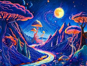 منظره سورئال کوهستان و قارچ‌های جادویی با رنگ‌های نئونی و درخشان ویژه چاپ پوستر دیواری سه بعدی گیم‌نت و اتاق نوجوان