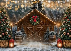 طرح کریسمس کلبه چوبی برفی با درختان تزیین شده و ریسه نورانی برای چاپ پوستر دیواری آتلیه و دکوراسیون تالار و هتل