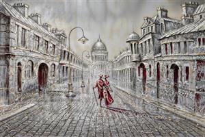 پوستر دیواری هنری خیابان‌های قدیمی لندن در باران برای دکوراسیون کافه رستوران و اتاق نشیمن اروپایی