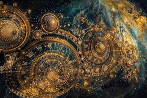 طرح انتزاعی چرخ‌دنده‌های ساعت در فضا و کهکشان برای پوستر دیواری اتاق مطالعه و دکوراسیون کافه مدرن