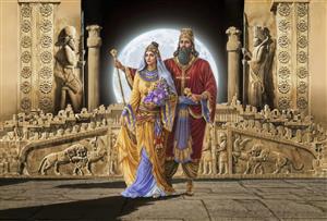 تصویر باستانی کوروش کبیر و ملکه ماندانا با ماه کامل در پس‌زمینه برای تابلو دکوراتیو و دفاتر اداری