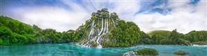 پوستر دیواری پاناروما منظره آبشار و رودخانه زلال برای دکوراسیون مراکز تجاری و بزرگ‌نمایی فضای نشیمن