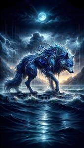 پوستر دیواری سه بعدی گرگ فانتزی برقی و درخشان در اقیانوس متلاطم مناسب اتاق گیمینگ و دکوراسیون هیجانی