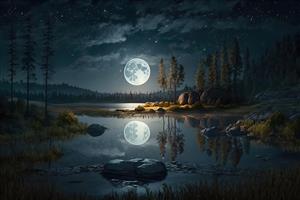 منظره دریاچه و ماه کامل در شب پر ستاره برای پوستر دیواری آرامش‌بخش اتاق خواب و کلینیک‌های روانشناسی