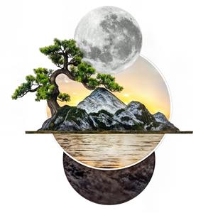 پوستر دیواری سه بعدی مینیمال طرح بونسای و کوهستان برای دکوراسیون پشت تلویزیون و دفتر کار مدرن