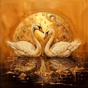 تابلو دکوراتیو دو قو عاشق با پس‌زمینه ماه طلایی مناسب برای اتاق خواب زوجین و تالارهای پذیرایی مجلل