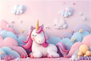 طرح سه بعدی اسب تک‌شاخ (یونیکورن) در میان ابرهای پاستلی برای پوستر دیواری اتاق کودک، مهدکودک و چاپ روی وسایل خواب نوزاد