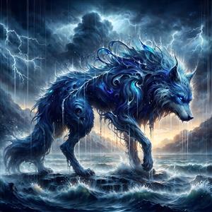 تصویر باکیفیت گرگ فانتزی یخی در رعد و برق و باران برای پوستر دیواری اتاق نوجوان، گیم‌نت و چاپ روی تیشرت و هودی