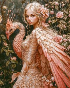 تصویر فانتزی دختر فرشته با بال‌های صورتی و قو در میان گل‌های رز مناسب چاپ پوستر دیواری اتاق خواب دخترانه و تابلو دکوراتیو لوکس