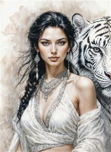 بانو با آرایش کلاسیک در کنار ببر سفید وحشی برای پوستر دیواری پذیرایی و سالن‌های زیبایی لوکس