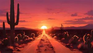 جاده بیابانی و کاکتوس‌ها در غروب آفتاب زیبا برای چاپ روی پرده و پوستر دیواری اتاق کار و شرکت‌های مسافرتی