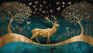 گوزن طلایی و درختان فانتزی با پروانه‌های درخشان در پس‌زمینه تیره مناسب برای پوستر دیواری پذیرایی مدرن