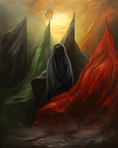 طرح مذهبی عاشورا با نماد پرچم‌های سبز و قرمز و دست حضرت عباس برای دکوراسیون حسینیه‌ها و فضاهای مذهبی