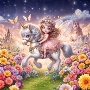 طرح جادویی اسب تک‌شاخ و پرنسس بالدار در دشت گل برای پوستر دیواری سه بعدی اتاق خواب کودک