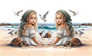 تصویر فانتزی دختران در ساحل با لاک‌پشت‌های دریایی برای چاپ روی پرده و روتختی اتاق خواب دخترانه