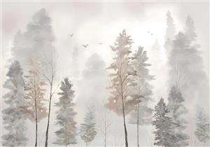 طرح آبرنگی جنگل مه‌آلود و پرندگان در حال پرواز مناسب کاغذ دیواری اتاق نشیمن و دفتر کار مدرن