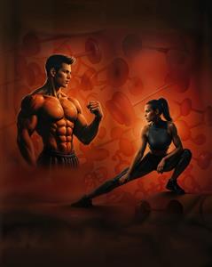 پوستر دیواری ورزشی با فیگور عضلانی زن و مرد در باشگاه بدنسازی جهت سالن‌های فیتنس، ژیمناستیک و مکمل‌فروشی