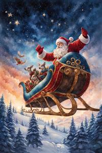 تصویر بابانوئل با سورتمه و گوزن‌ها در آسمان شب برفی مناسب پوستر دیواری مهدکودک و دکوراسیون جشن کریسمس