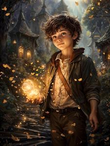 طرح فانتزی پسر بچه با فانوس درخشان در دهکده جادویی ویژه چاپ کتاب داستان، دفتر مشق و پوستر اتاق کودک