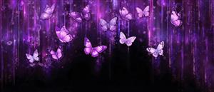 بک‌گراند فانتزی پروانه‌های بنفش نورانی در تاریکی مناسب برای پوستر دیواری اتاق کودک، مهدکودک و تزیینات نوری