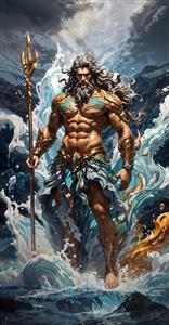 پوستر سه بعدی پوزیدون پادشاه اقیانوس با زره طلایی و نیزه برای دکوراسیون لابی هتل، سالن بدنسازی و استخر