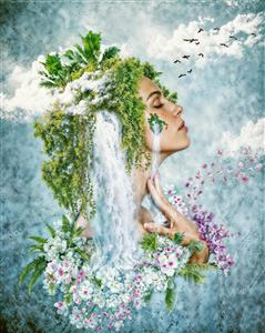 چهره سورئال زن با موهای آبشاری و پوشش گیاهی خیره‌کننده مخصوص پوستر دیواری سالن زیبایی و گالری‌های هنری