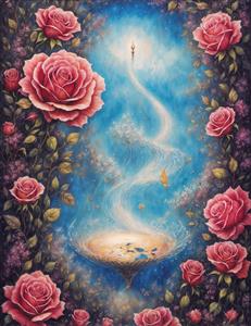 تصویر رویایی جاده‌ای به سوی نور میان گل‌های رز صورتی مناسب پوستر دیواری راهرو، هتل و اتاق خواب مستر