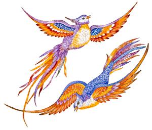 نقاشی آبرنگی پرنده‌های اساطیری رنگارنگ (سیمرغ) ویژه چاپ روی پارچه، رومیزی، روتختی و پوستر دیواری اتاق نشیمن