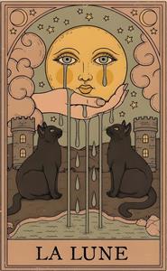 کارت تاروت ماه (La Lune) با طرح گربه‌های سیاه و قلعه قدیمی مناسب چاپ روی کوسن، ماگ و تابلوی دکوراتیو فانتزی و خاص