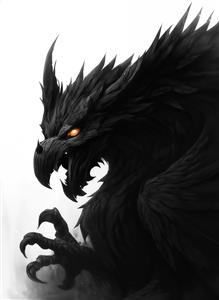 طرح گرافیکی سر هیولای افسانه‌ای سیاه با چشمان آتشین برای چاپ پوستر دیواری اتاق نوجوان، گیم‌نت و استیکر لپ‌تاپ