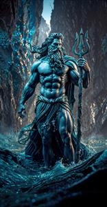 طرح سه بعدی خدای دریا نپتون (Poseidon) با نیزه سه شاخ در میان امواج خروشان ویژه پوستر دیواری اتاق گیمینگ و دکوراسیون استخر